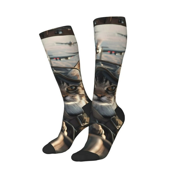 Lsque Pilot Cat In Vintage Plane Printed Crew Socks Men's Women's LightWeight Thin Casual Calf Socks ,Knee High Socks,Cotton Socks