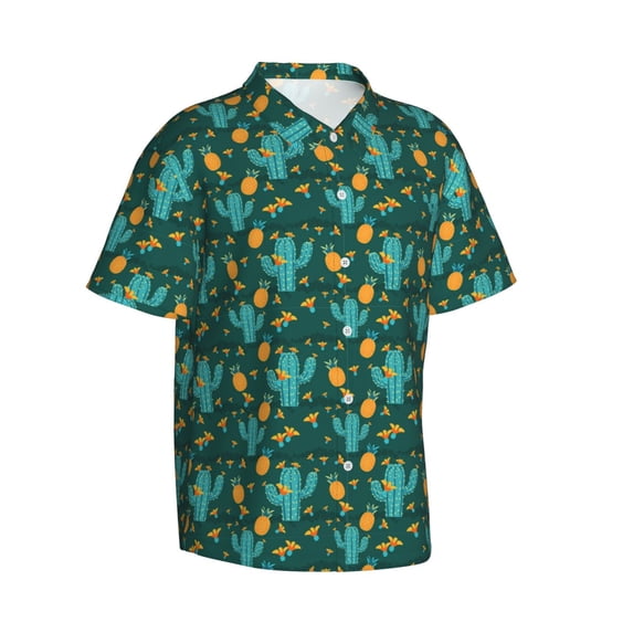 Lsque Pineapple And Cactus pattern Hawaiian Shirt for Men, Unisex Summer Beach Casual Short Sleeve Button Down Shirts-Small