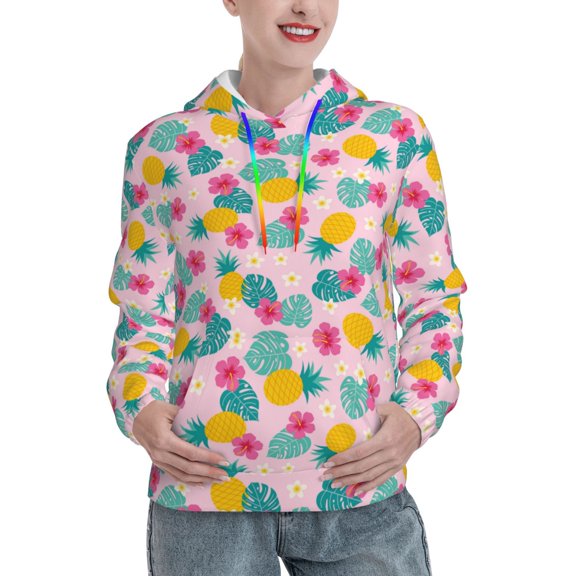 Lsque Pineapple And Leaves Pattern Casual Women's Hoodie,Hooded Sweatshirt with Kangaroo Pocket,Pullover Hoodie with Eye-catching Drawstrings-X-Large