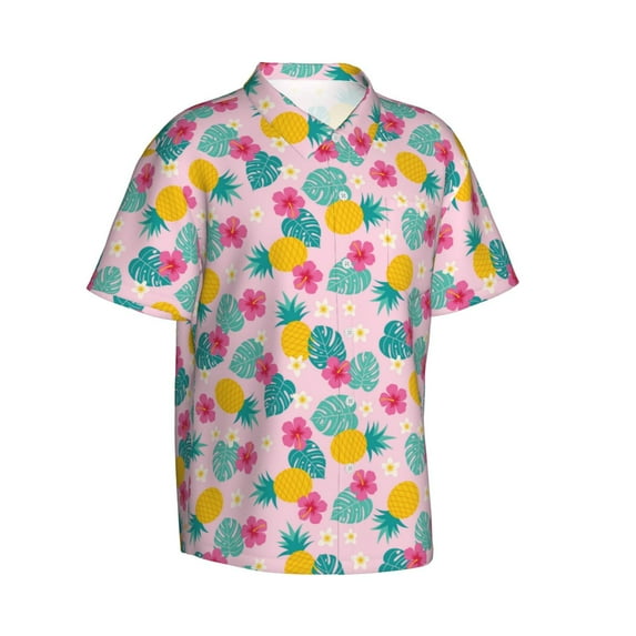 Lsque Pineapple And Leaves pattern Hawaiian Shirt for Men, Unisex Summer Beach Casual Short Sleeve Button Down Shirts-Large
