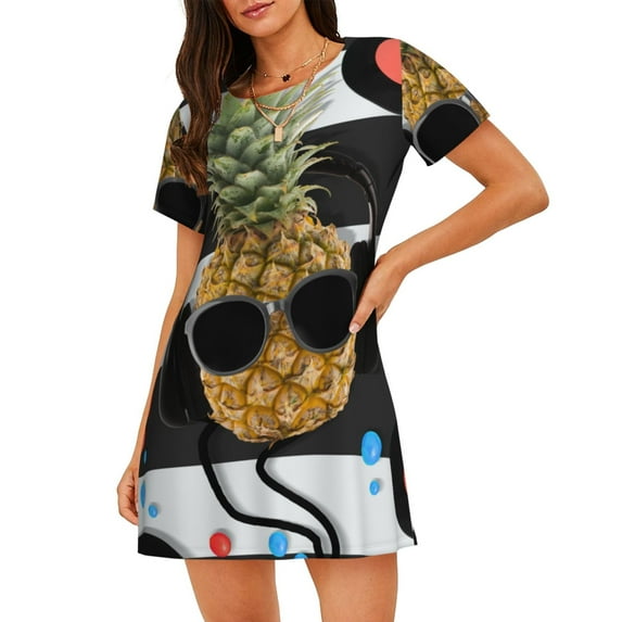 Lsque Pineapple With Black Glasses Pattern Nightgowns for Women Sleep Shirts Short Sleeve Nightshirt Pullover Nightdress Soft Sleepwear Relaxed Fit Nightdress