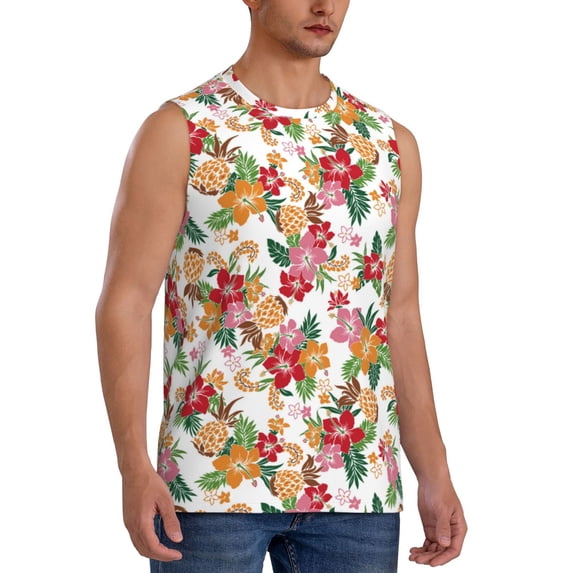 Lsque Pineapple Flower Print Men's Cotton Blend Sleeveless Muscle Shirts (S-3XL)- Moisture Wicking, Odor Protection, UPF 30+,3X-Large