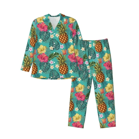 Lsque Pineapple Pattern Long Sleeve Pajama Set for Men - Soft 2-Piece Sleepwear and Loungewear Set with Pockets, Comfy Nightwear-X-Large