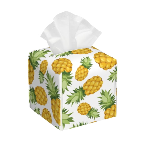 Lsque Pineapple Printed Tissue Box Cover Holder, Facial Paper Organizer Dispenser,Square with Bottom Belt, PVC Leather Decorative Organizer
