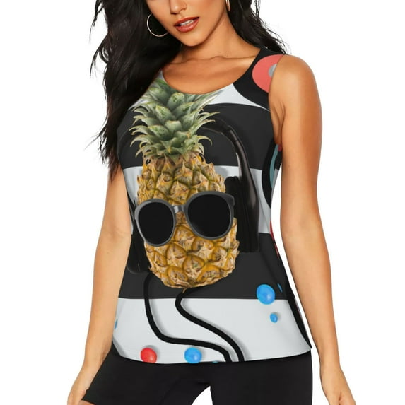 Lsque Pineapple With Black Glasses Printed Workout Tank Tops for Women, Athletic Sports Tank Tops, Compression Sleeveless Dry Fit Shirts,Sleeveless Yoga Shirt-X-Large