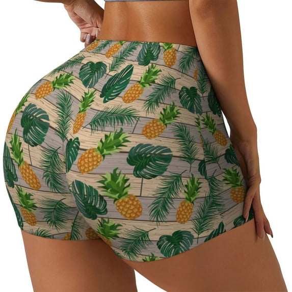 Lsque Pineapples Palm Leaves Pattern High Waisted Biker Shorts for Women-Tummy Control Fitness Athletic Workout Running Yoga Gym Shorts,Moisture-Wicking-Large