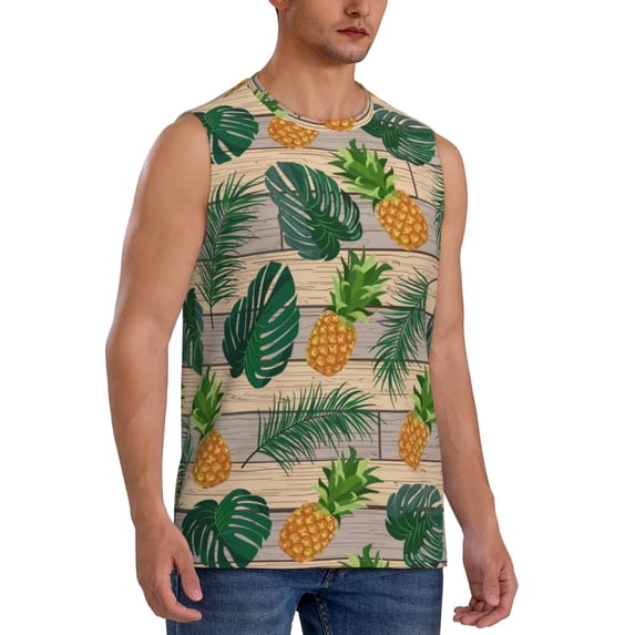Lsque Pineapples Palm Leaves Print Men's Cotton Blend Sleeveless Muscle Shirts (S-3XL)- Moisture Wicking, Odor Protection, UPF 30+,Medium