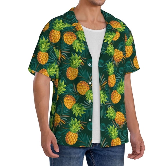 Lsque Pineapples with Palm Leaves print Men's Cuban Collar Short Sleeve Shirt Summer Beachwear Casual Button Down Fashionable Vacation Leisure Shirt-3X-Large