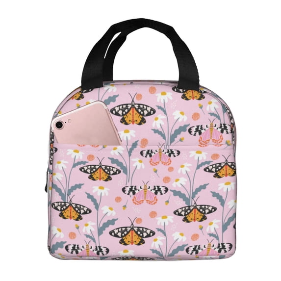 Lsque Pink Butterfly Daisy Pattern Lunch Bag Women/Men Insulated Lunch Box,Small Leakproof Cooler Food Lunch Containers Reusable High Capacity Lunch Tote Bags