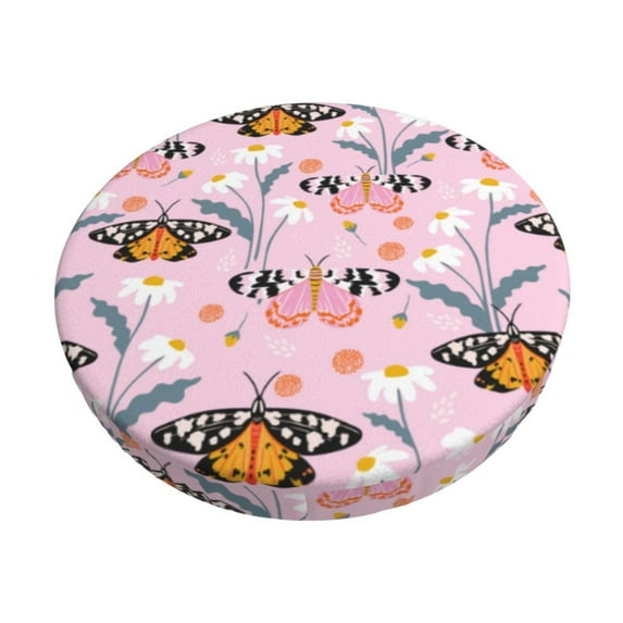 Lsque Pink Butterfly Daisy Pattern Round Bar chair cushion covers Velvet Fabric Premium Comfort Protects from Scratches and Stains for 14-17 Inch Chair-12 inch