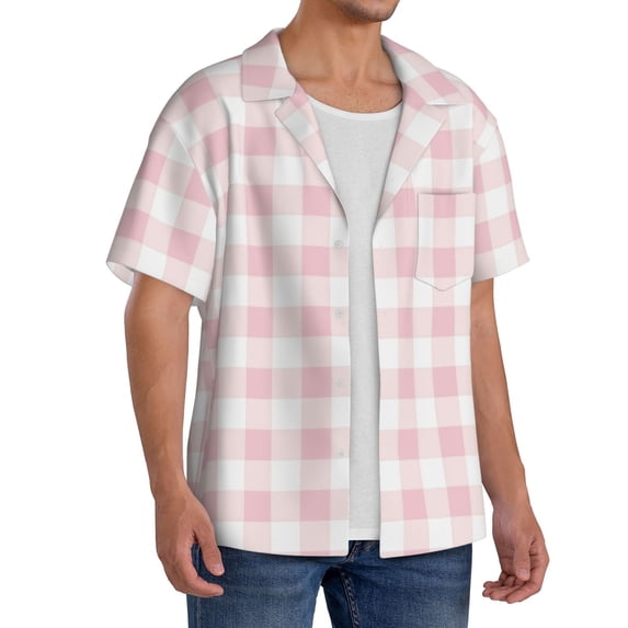 Lsque Pink Checkboard print Men's Cuban Collar Short Sleeve Shirt Summer Beachwear Casual Button Down Fashionable Vacation Leisure Shirt-3X-Large