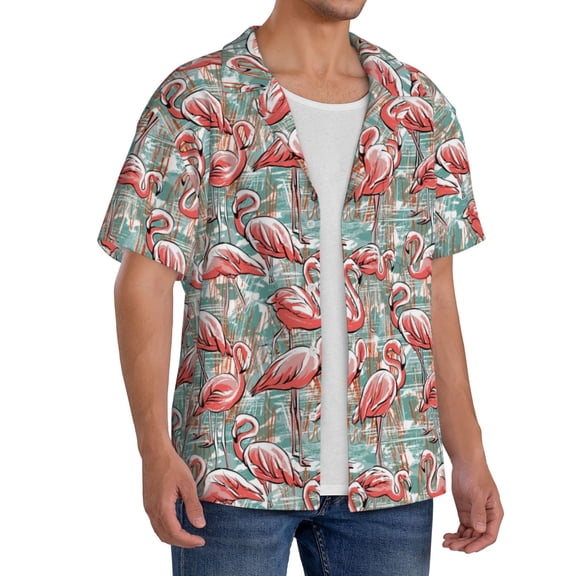 Lsque Pink Flamingo print Men's Cuban Collar Short Sleeve Shirt Summer Beachwear Casual Button Down Fashionable Vacation Leisure Shirt-3X-Large
