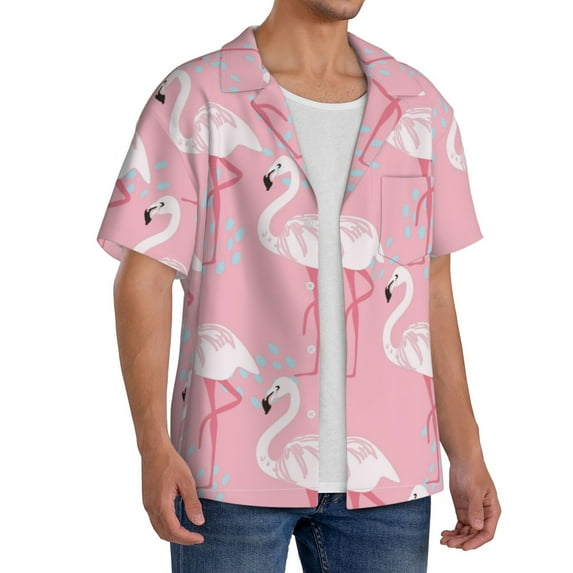 Lsque Pink Flamingo print Men's Cuban Collar Short Sleeve Shirt Summer Beachwear Casual Button Down Fashionable Vacation Leisure Shirt-X-Large