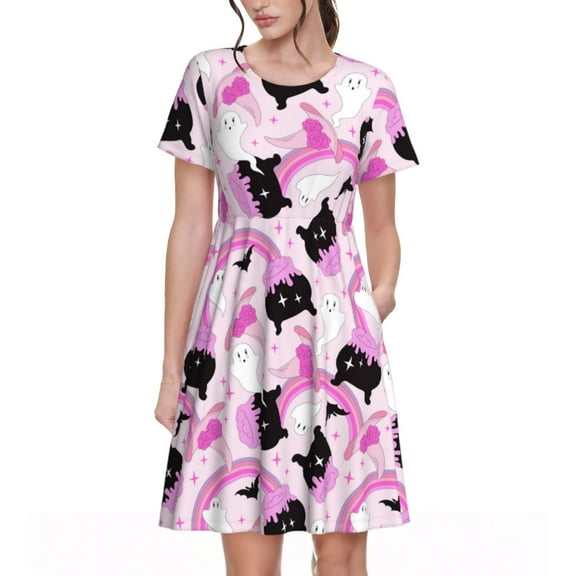 Lsque Pink Girl Halloween Print Women's Casual Dress T-Shirt Summer Short Sleeve Scoop Neck Swing Dresses
