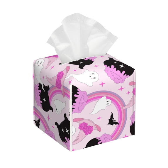 Lsque Pink Girl Halloween Printed Tissue Box Cover Holder, Facial Paper Organizer Dispenser,Square with Bottom Belt, PVC Leather Decorative Organizer
