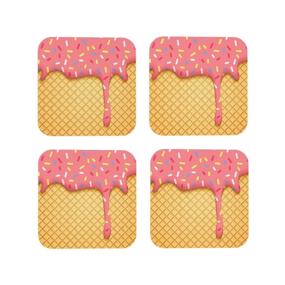 Lsque Pink Ice Cream Pattern 4" Drink Coasters Set of 4, PVC Leather Absorbent Coasters, Table Coaster Set Decorative Coffee Cup Coasters Housewarming Gift -Square
