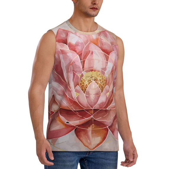 Lsque Pink Lotus Print Men's Cotton Blend Sleeveless Muscle Shirts (S-3XL)- Moisture Wicking, Odor Protection, UPF 30+,Medium
