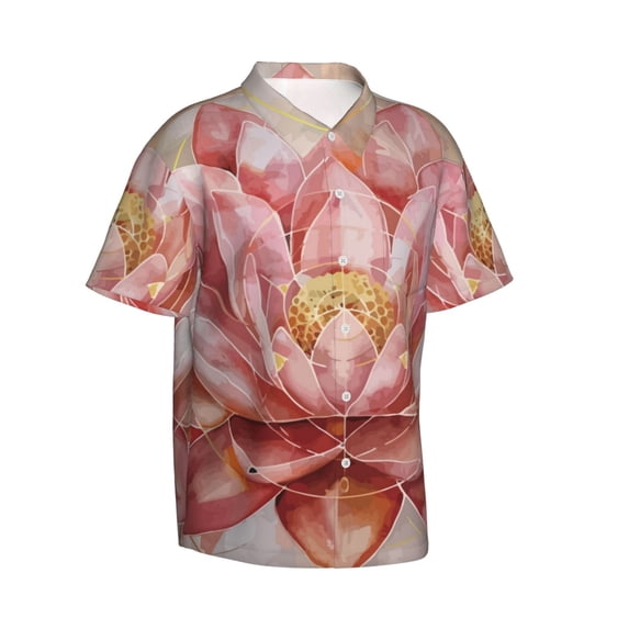 Lsque Pink Lotus pattern Hawaiian Shirt for Men, Unisex Summer Beach Casual Short Sleeve Button Down Shirts-X-Large