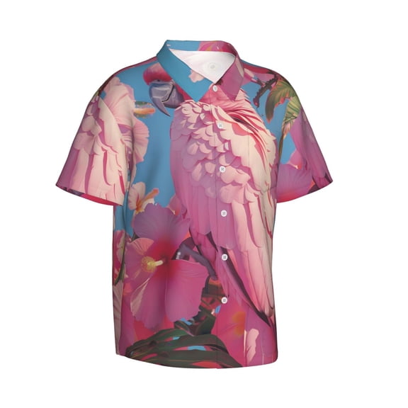 Lsque Pink Parrot Tropical Blossoms pattern Hawaiian Shirt for Men, Unisex Summer Beach Casual Short Sleeve Button Down Shirts-Medium