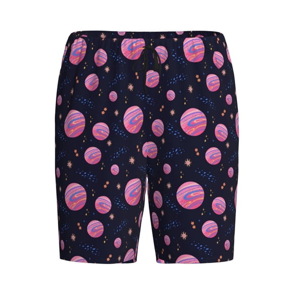 Lsque Pink Planets And Stars Mens Sleep Pajama Shorts,Short Pajama Pants, Cotton Ultra-Soft Knit-Large