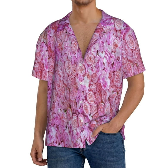 Lsque Pink Roses Print Men's Cuban Collar Short Sleeve Shirt Summer Beachwear Casual Button Down Fashionable Vacation Leisure Shirt-XX-Large