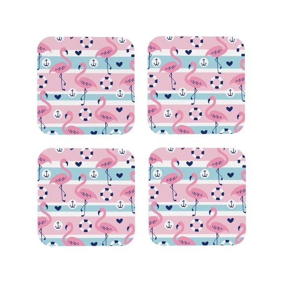 Lsque Pink Striped Flamingo Pattern 4" Drink Coasters Set of 4, PVC Leather Absorbent Coasters, Table Coaster Set Decorative Coffee Cup Coasters Housewarming Gift -Square