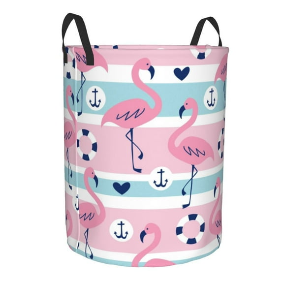 Lsque Pink Striped Flamingo pattern Laundry Hamper Basket, Tall Woven Rope Hamper Basket for Clothes, Lightweight Storage Basket, Collapsible Waterproof-Medium