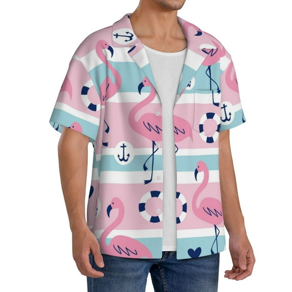 Lsque Pink Striped Flamingo print Men's Cuban Collar Short Sleeve Shirt Summer Beachwear Casual Button Down Fashionable Vacation Leisure Shirt-XX-Large