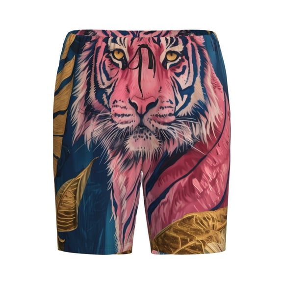 Lsque Pink Tiger Gold Leaves Mens Sleep Pajama Shorts,Short Pajama Pants, Cotton Ultra-Soft Knit-XX-Large
