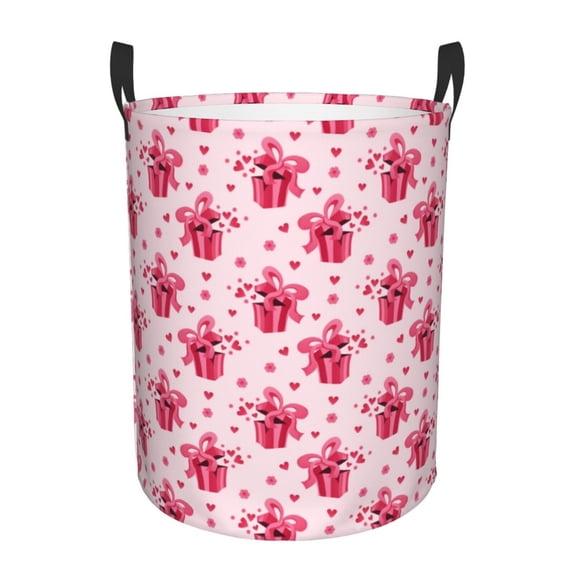 Lsque Pink gift with ribbon Pattern Laundry Hamper Basket, Tall Woven Rope Hamper Basket for Clothes, Lightweight Storage Basket, Collapsible Waterproof-Small