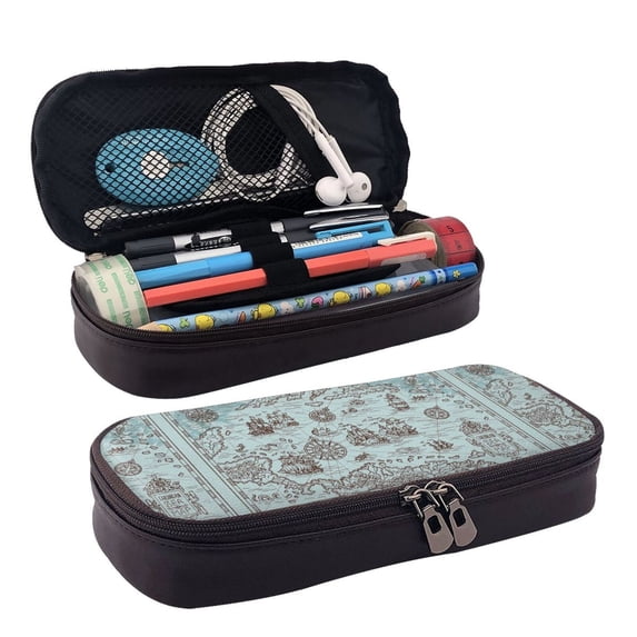 Lsque Pirate Adventure Map Printed Big Capacity PU Leather Pencil Case Large Pencil Pouch Stationery Pen Bag Pencil Holder for Teen