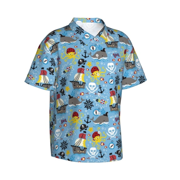 Lsque Pirate Marine Animals pattern Hawaiian Shirt for Men, Unisex Summer Beach Casual Short Sleeve Button Down Shirts-X-Large
