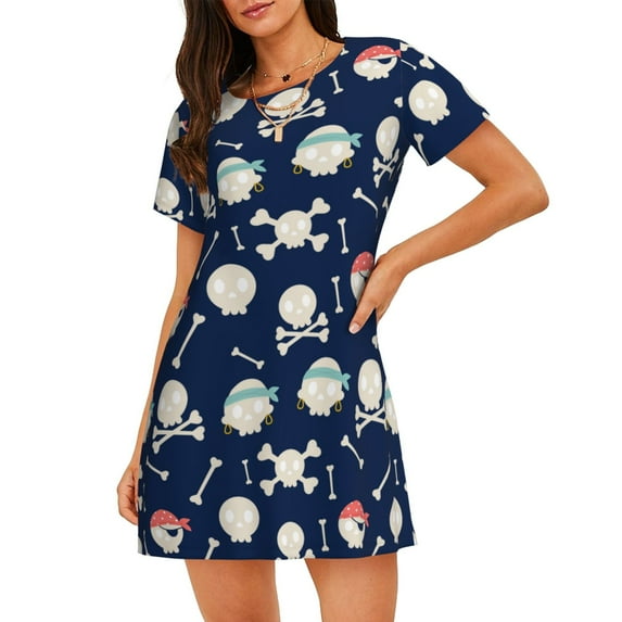 Lsque Pirate Skulls 1 Pattern Nightgowns for Women Sleep Shirts Short Sleeve Nightshirt Pullover Nightdress Soft Sleepwear Relaxed Fit Nightdress