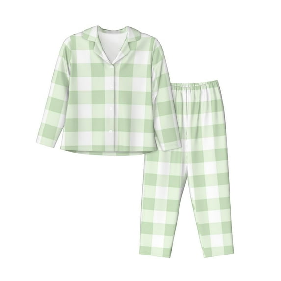 Lsque Pistachio Green Checkboard Pattern Long Sleeve Pajama Set for Women - Soft 2-Piece Sleepwear and Loungewear Set with Pockets, Comfy Nightwear-Medium