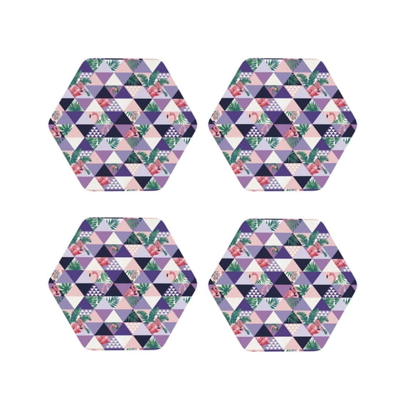 Lsque Plaid Flamingo Pattern 4" Drink Coasters Set of 4, PVC Leather Absorbent Coasters, Table Coaster Set Decorative Coffee Cup Coasters Housewarming Gift -Hexagon