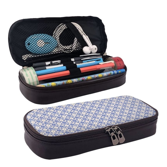 Lsque Plaid Flowers Printed Big Capacity PU Leather Pencil Case Large Pencil Pouch Stationery Pen Bag Pencil Holder for Teen