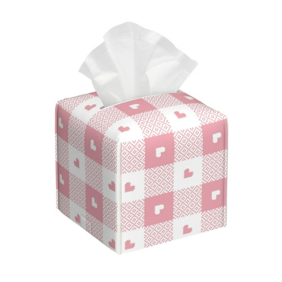Lsque Plaid Heart Printed Tissue Box Cover Holder, Facial Paper Organizer Dispenser,Square with Bottom Belt, PVC Leather Decorative Organizer
