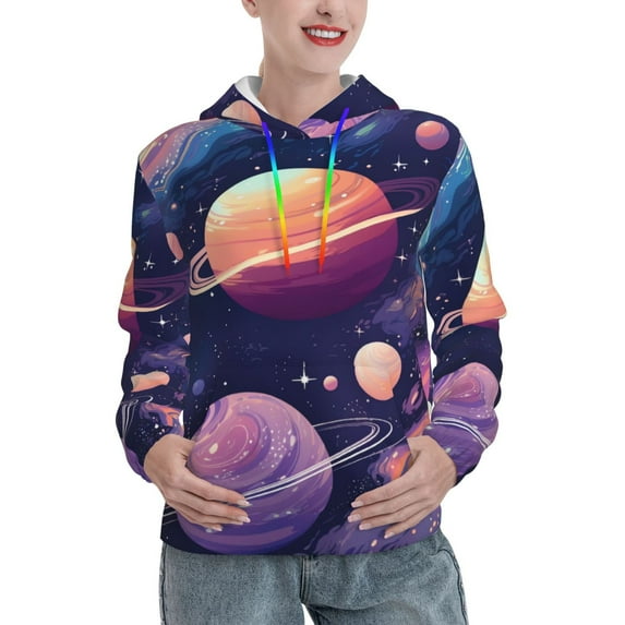 Lsque Planet Pastel Galaxy Pattern Casual Women's Hoodie,Hooded Sweatshirt with Kangaroo Pocket,Pullover Hoodie with Eye-catching Drawstrings-Small