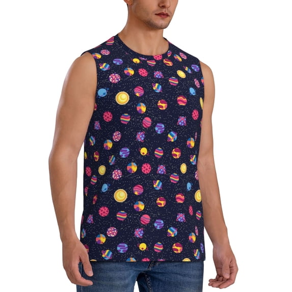 Lsque Planets Print Men's Cotton Blend Sleeveless Muscle Shirts (S-3XL)- Moisture Wicking, Odor Protection, UPF 30+,Small