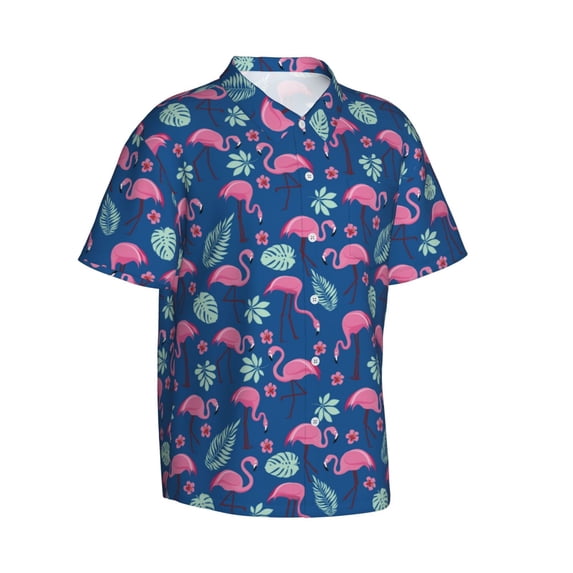 Lsque Plants And Flamingos pattern Hawaiian Shirt for Men, Unisex Summer Beach Casual Short Sleeve Button Down Shirts-3X-Large