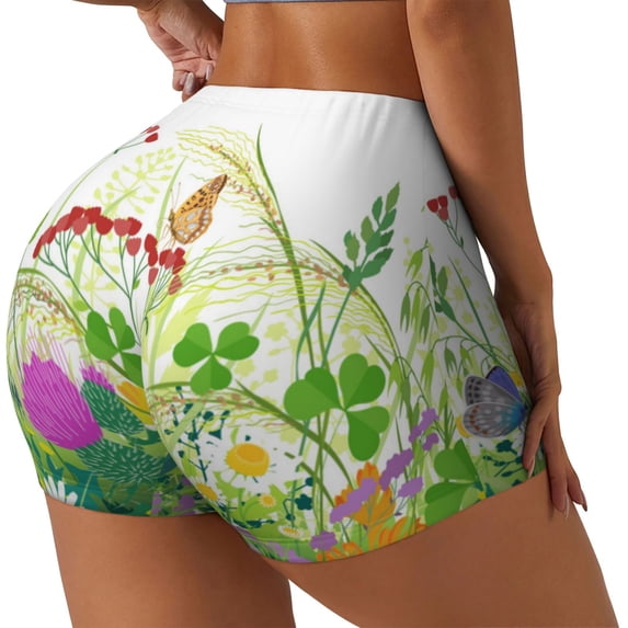 Lsque Plants and Insects Pattern High Waisted Biker Shorts for Women-Tummy Control Fitness Athletic Workout Running Yoga Gym Shorts,Moisture-Wicking-Large