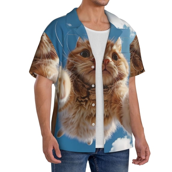 Lsque Playful Cat Fisheye View print Men's Cuban Collar Short Sleeve Shirt Summer Beachwear Casual Button Down Fashionable Vacation Leisure Shirt-X-Large