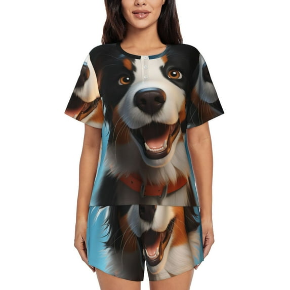Lsque Playful Smile Cute Dog Women's Short-Sleeved Pajama Set - 2 Piece Soft and Lightweight Sleepwear Set-XX-Large