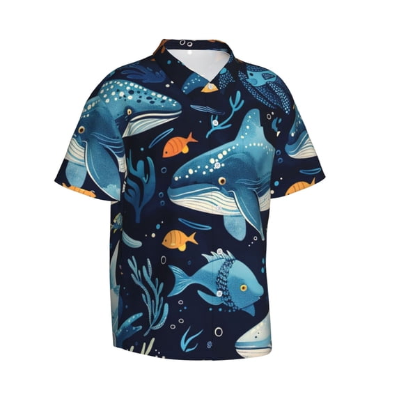 Lsque Playful Whales Underwater Scene pattern Hawaiian Shirt for Men, Unisex Summer Beach Casual Short Sleeve Button Down Shirts-3X-Large