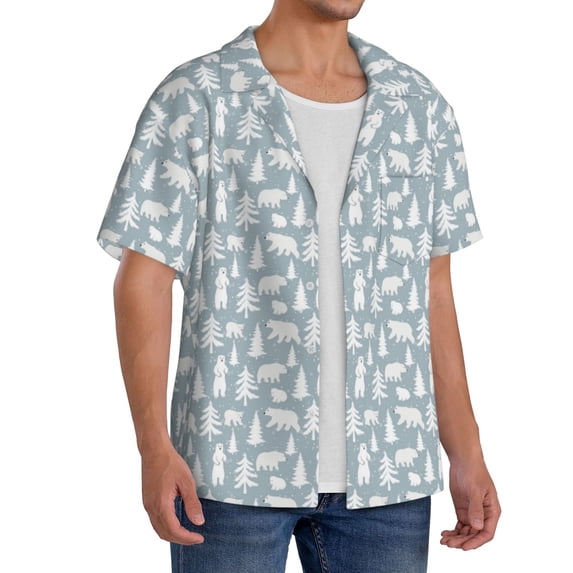 Lsque Polar Bears And Snowy Winter print Men's Cuban Collar Short Sleeve Shirt Summer Beachwear Casual Button Down Fashionable Vacation Leisure Shirt-