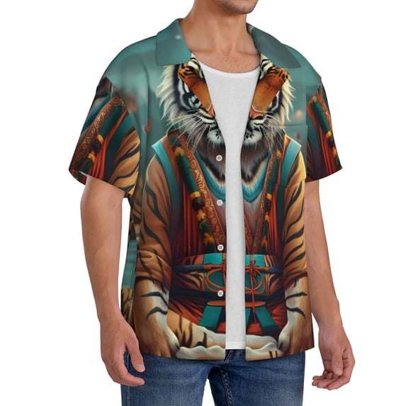 Lsque Pond Meditating Tiger print Men's Cuban Collar Short Sleeve Shirt Summer Beachwear Casual Button Down Fashionable Vacation Leisure Shirt-Large