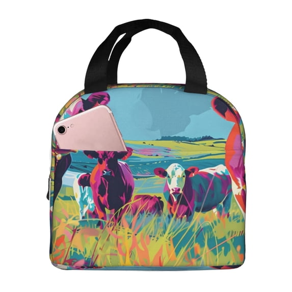 Lsque Pop Art Colorful Cows Pattern Lunch Bag Women/Men Insulated Lunch Box,Small Leakproof Cooler Food Lunch Containers Reusable High Capacity Lunch Tote Bags