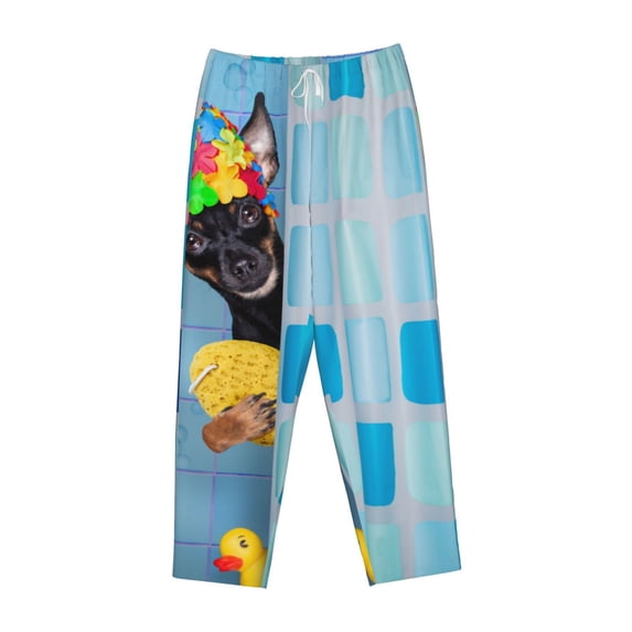 Lsque Prague Ratter Dog in Bathtub Print Women's Pajama Pants, Lounge Pant - Comfortable Home Wear,Elastic Waistband, Stylish Design-Small