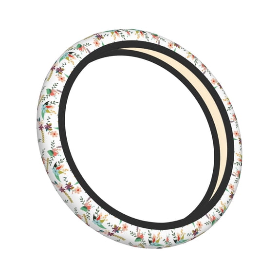 Lsque Pretty Floral With Leaves Ultra Soft Car Steering Wheel Cover for Women, Standard 15 inch Size for Truck Van SUV Auto