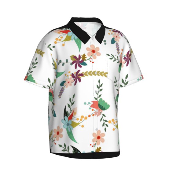 Lsque Pretty Floral With Leaves pattern Hawaiian Shirt for Men, Unisex Summer Beach Casual Short Sleeve Button Down Shirts-Medium